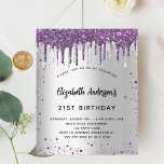 Budgetfödelsedagsinbjudan silver lila glitter<br><div class="desc">En modern,  snyggt och glamorös inbjudan till en 21:a (eller vilken ålder som helst) födelsedagsfest. En faux silver metallisk tittar bakgrund med lila faux glitter drops,  gnistor. Namn är skrivet med ett modernt handskript i stil. Anpassa och lägg till information om party.</div>