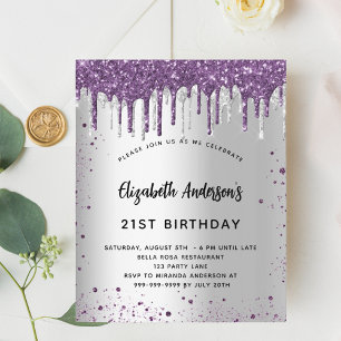 Budgetfödelsedagsinbjudan silver lila glitter
