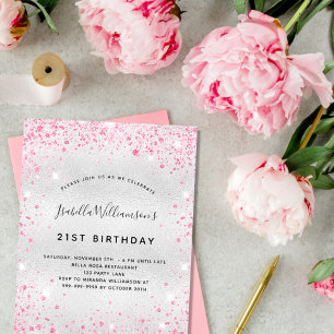 Budgetfödelsedagsinbjudan silver rosa glitter