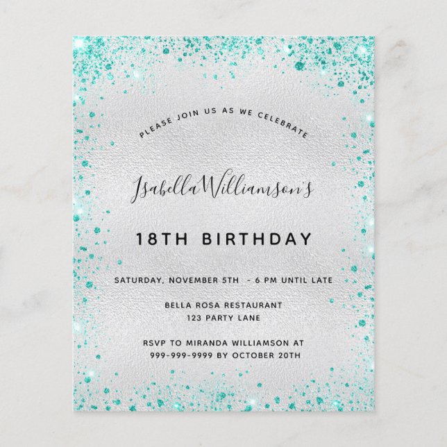 Budgetfödelsedagsinbjudan silver teal glitter (Framsida)