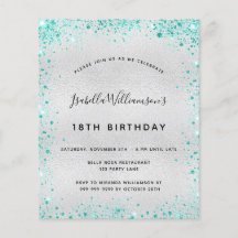 Budgetfödelsedagsinbjudan silver teal glitter