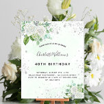 Budgetfödelsedagskalender blommigt silver glitter<br><div class="desc">En modern,  snyggt och glamorös inbjudan till en kvinnas 40:e (eller någon ålder) födelsedagsfest. En vattenfärgad grönt med faux silver glitter damm,  vita blommigtar och grönenergi. Namn är skrivet med ett modernt skript för svart hand skrivet stil. Anpassa och lägg till information om namn,  ålder och party</div>