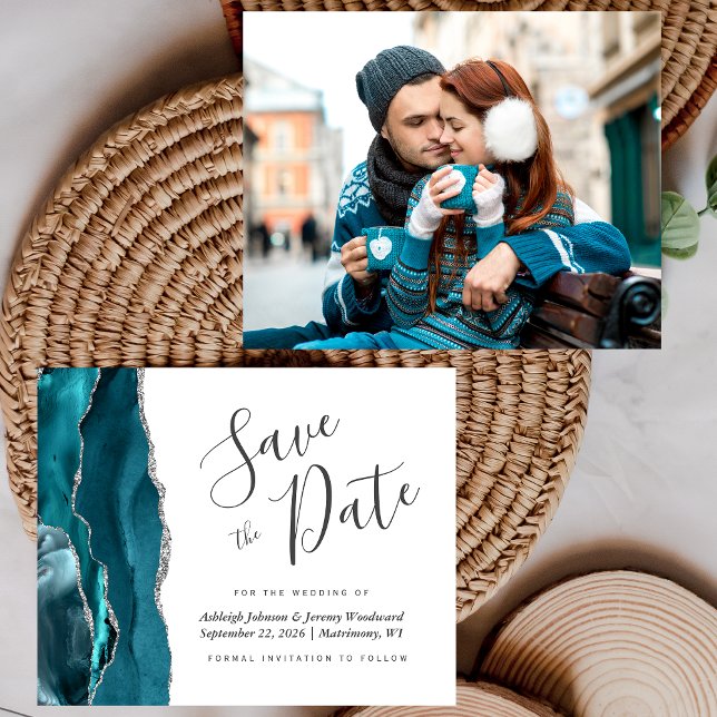 Budgetfoto Agat Tealblå Silver Spara datumet (Skapare uppladdad)