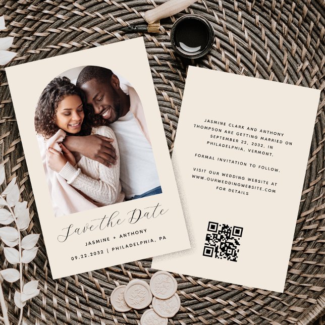 Budgetfoto Båge Beige QR-kod Spara datumet (Skapare uppladdad)