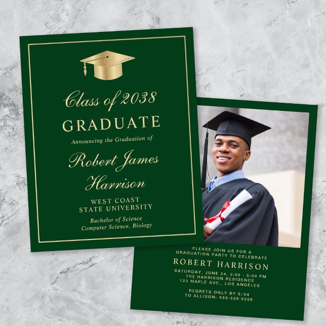 Budgetfoto Grön Guld Examen Fest Inbjudan (An elegant college graduation party invitation to celebrate the graduate's achievements)