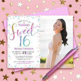 Budgetfoto Söt 16 Regnbåge Glitter Dots Inbjudan