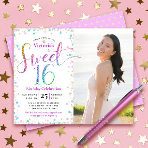 Budgetfoto Söt 16 Regnbåge Glitter Dots Inbjudan