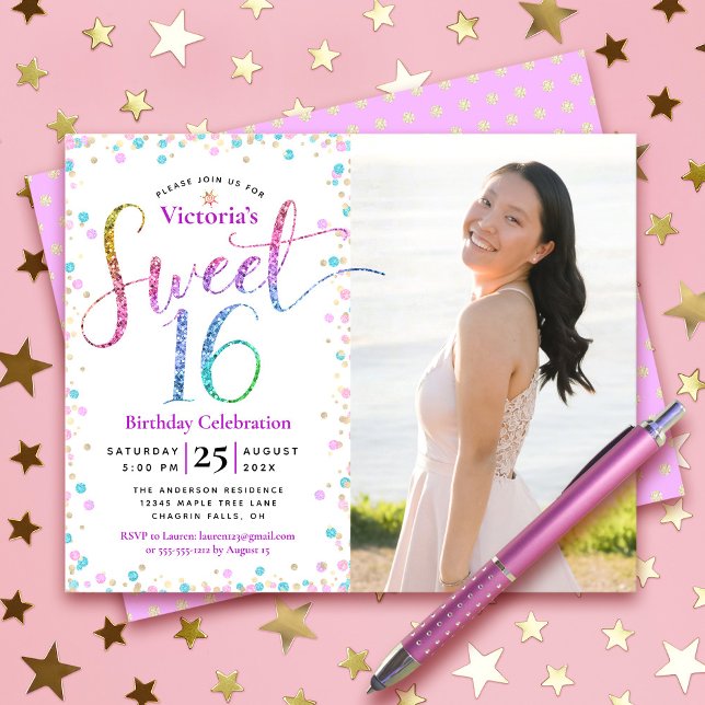 Budgetfoto Söt 16 Regnbåge Glitter Dots Inbjudan (Skapare uppladdad)