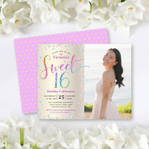 Budgetfoto Sweet 16 Rainbow Glitter Guld Inbjudan