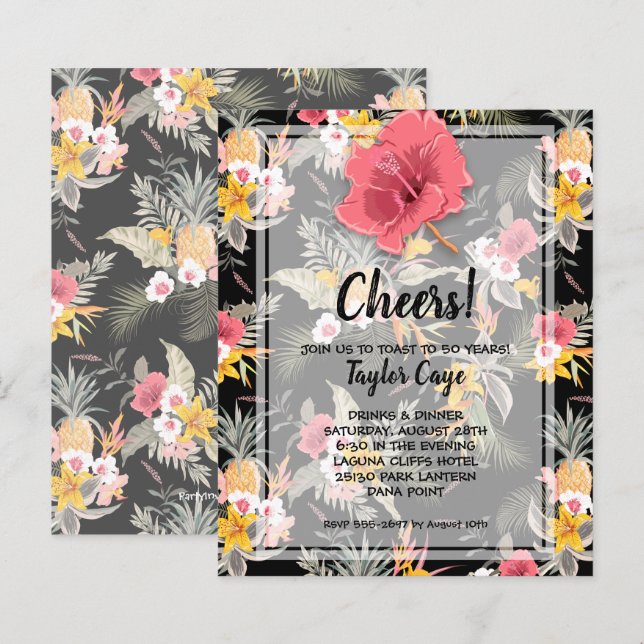 Budgetfulla födelsedagsinbjudningar med ananas och (Fram/baksida)