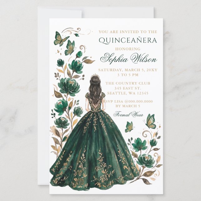 Budgetgrön blomstergudinna fjäril Quinceañera (Framsida)