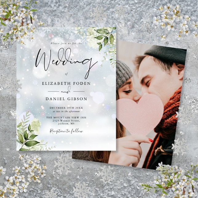 Budgetgrön foto Vinterbröllopsinbjudan (Budget Greenery Photo Winter Wedding Invitation)