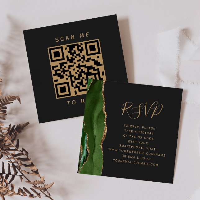 Budgetgrön guldagate mörkt bröllop QR-kod RSVP Tilläggskort (Skapare uppladdad)