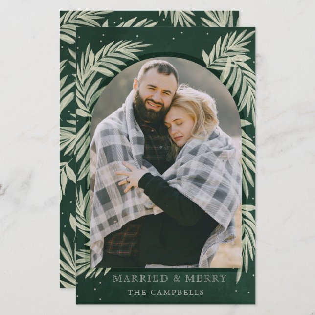 Budgetgrön silverglänsande glad julkort med valv o (Fram/baksida)