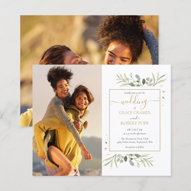 Budgetgröna foton manus bröllopsinbjudan (Fram/baksida)