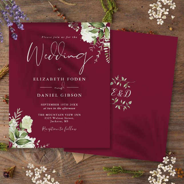 Budgetgrönska Burgunderröd bröllopsinbjudan (Budget Greenery Burgundy Wedding Invitation)