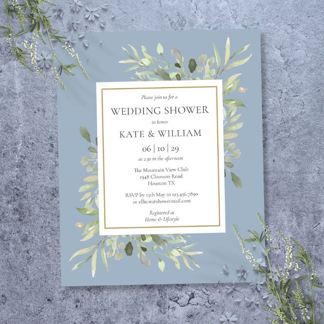 Budgetgrönska Dammblå Bröllopsduschinbjudan (Budget Greenery Dusty Blue Wedding Shower Invite)