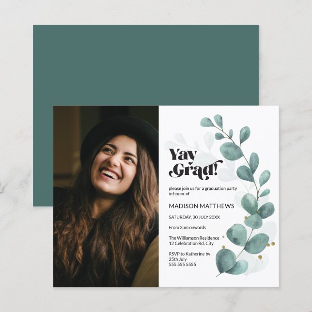 Budgetgrönska Eukalyptus Foto Examen Festinbjudan (Fram/baksida)