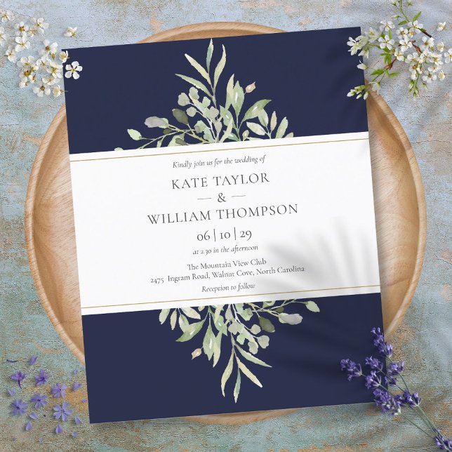 Budgetgrönska Marinblå Bröllopsinbjudan (Budget Greenery Navy Blue Wedding Invitation)