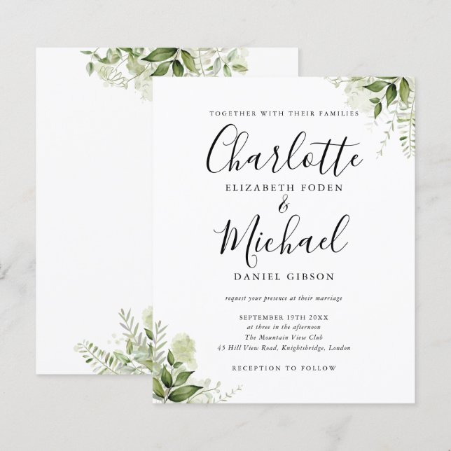 Budgetgrönt bladskript Bröllopsinbjudan (Fram/baksida)