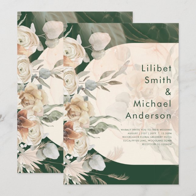 BUDGETGrönt BOHO Terracotta Blommigt Bröllop Inbjudningar (Fram/baksida)