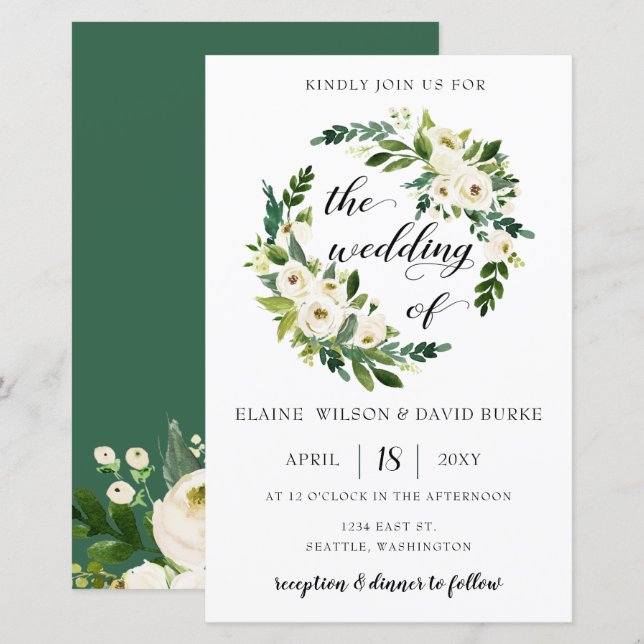 Budgetgrönt Botaniskt Bröllopsinbjudan (Fram/baksida)