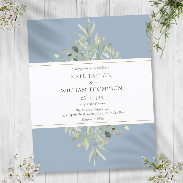 Budgetgrönt dammigt blått bröllopsinbjudan (Budget Greenery Dusty Blue Wedding Invitation)