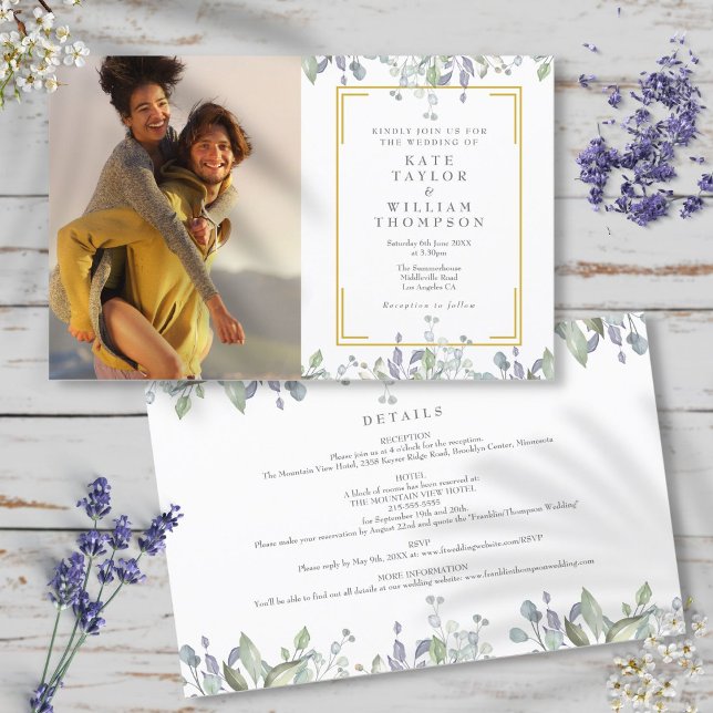 Budgetgrönt foto allt-i-ett bröllopsinbjudan (Budget Greenery Photo All In One Wedding Invite)