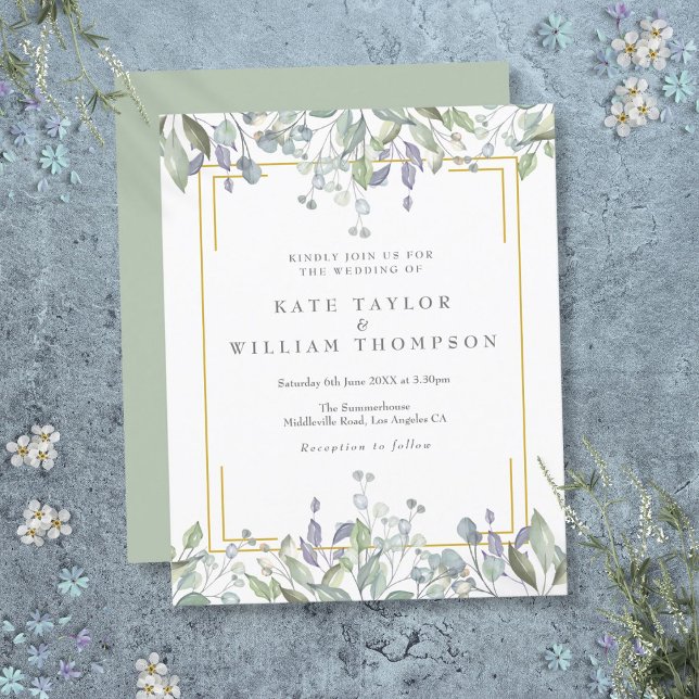 Budgetgrönt lila blommig bröllopsinbjudan (Budget Greenery Lilac Floral Wedding Invitation)