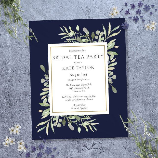 Budgetgrönt Marinblått Bröllopsteapartymeddelande (Budget Greenery Navy Blue Bridal Tea Party Invite)