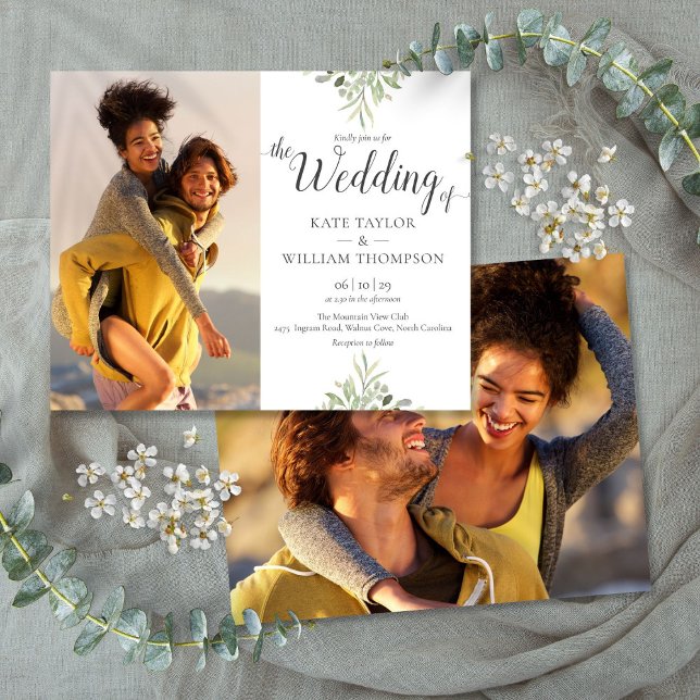 Budgetgrönt skript Bröllopsfoton Inbjudan (Budget Greenery Script Wedding Photos Invitation)