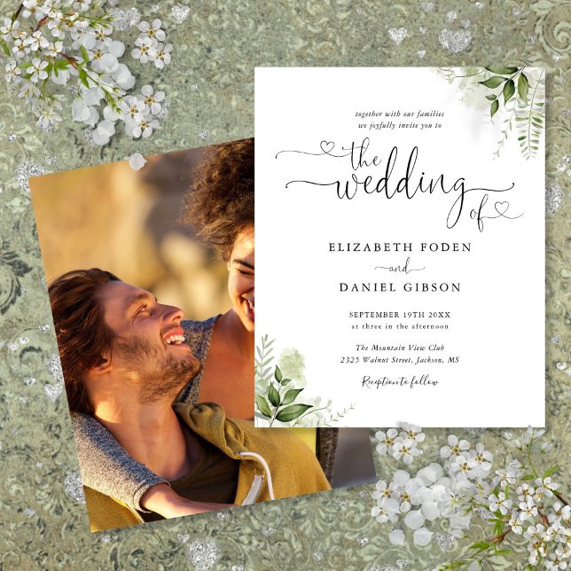 Budgetgrönt skript Foto Bröllopsinbjudan (Budget Greenery Script Photo Wedding Invitation)