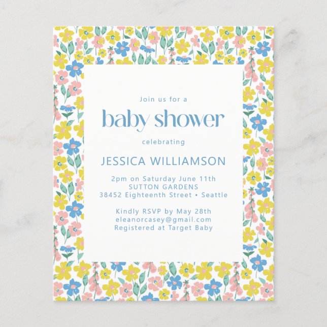 Budgetgul Ditsy Blommig Baby Shower Inbjudan (Framsida)