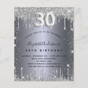 Budgetinbjudan 30års födelsedag silver glitter flygblad