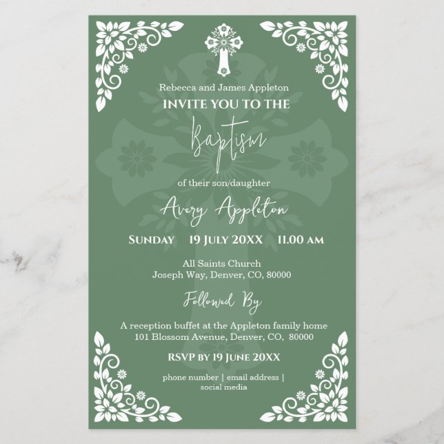 Budgetinbjudan Blommigt Kor Baptism Ferns Grönt Flygblad (Framsidan)