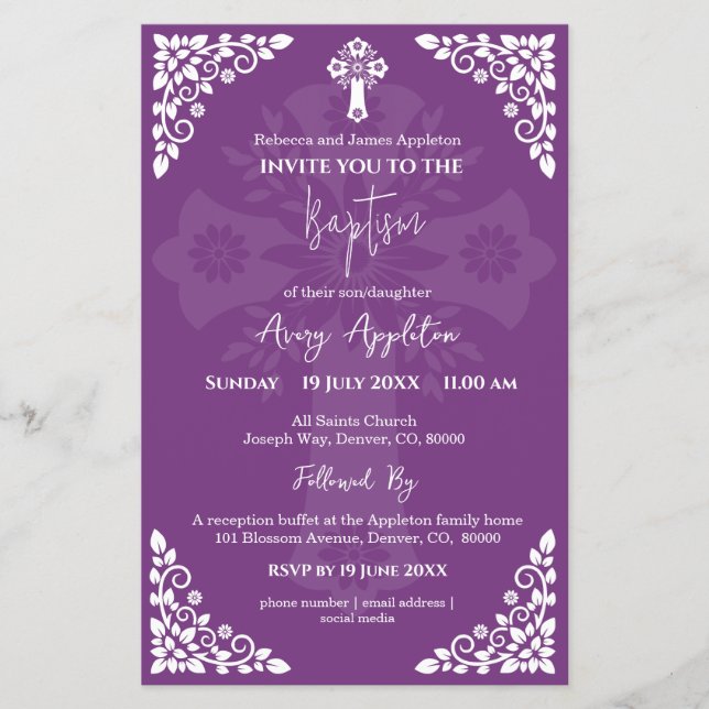 Budgetinbjudan Blommigt Kor Baptism Sweet Plum Flygblad (Framsidan)