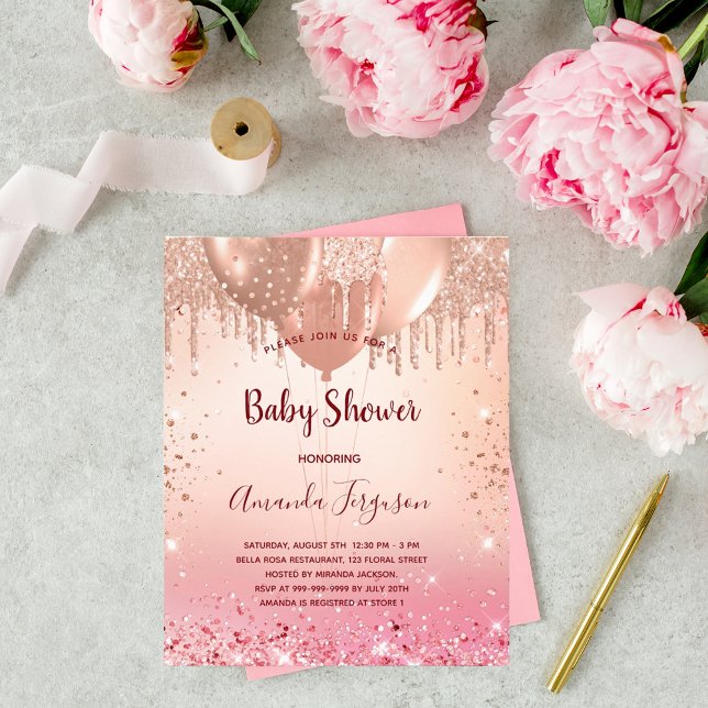 Budgetinbjudan för Baby Shower rosa ros glitter Flygblad (Skapare uppladdad)