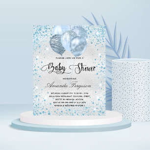 Budgetinbjudan för bebisduschen silver blue glitte flygblad