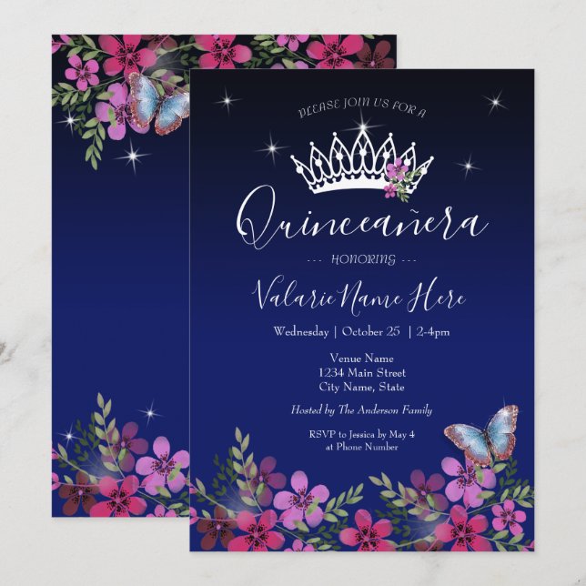 Budgetinbjudan för blommor (Butterfly Quinceanera) (Fram/baksida)