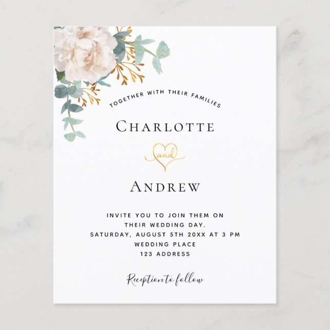 Budgetinbjudan för Eucalyptus greenery guld bröllo Flygblad (Framsidan)