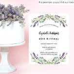 Budgetinbjudan för lavender-eukalyptus från födels flygblad<br><div class="desc">Observera att inbjudan är papper och mycket tunn. Kuvert ingår inte. Om du vill ha mer omfattande inbjudningar (samma design) kan du besöka vår butik. En klassisk inbjudan till en 40:e (eller någon annan ålder) födelsedagsfest. Dekoreras med lavender- blommigtar och eukalyptus greenery. Anpassa och lägg till ditt namn och information...</div>