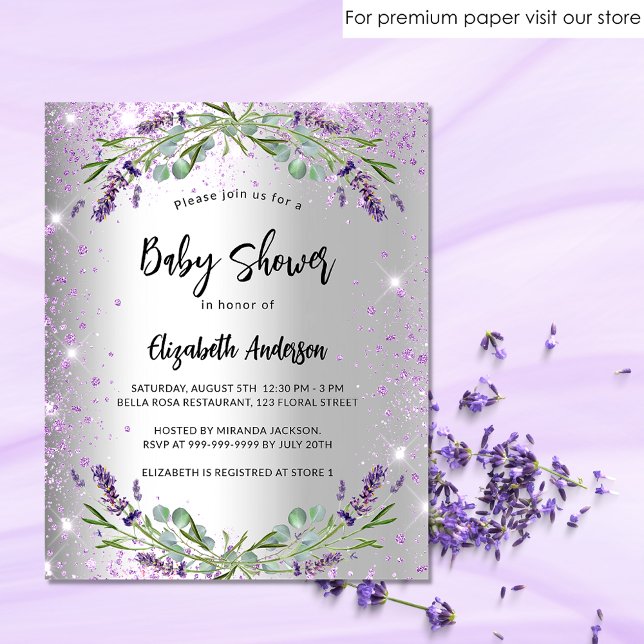 Budgetinbjudan för lavender silver för babyvisning (Skapare uppladdad)