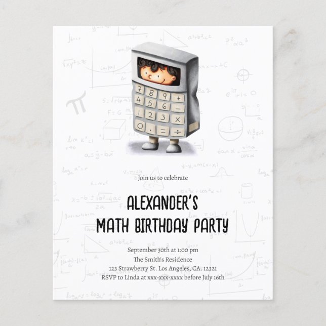Budgetinbjudan för matematikformler på födelsedage flygblad (Framsidan)