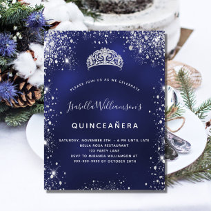 Budgetinbjudan för Quinceanera Blue silver tiara Flygblad