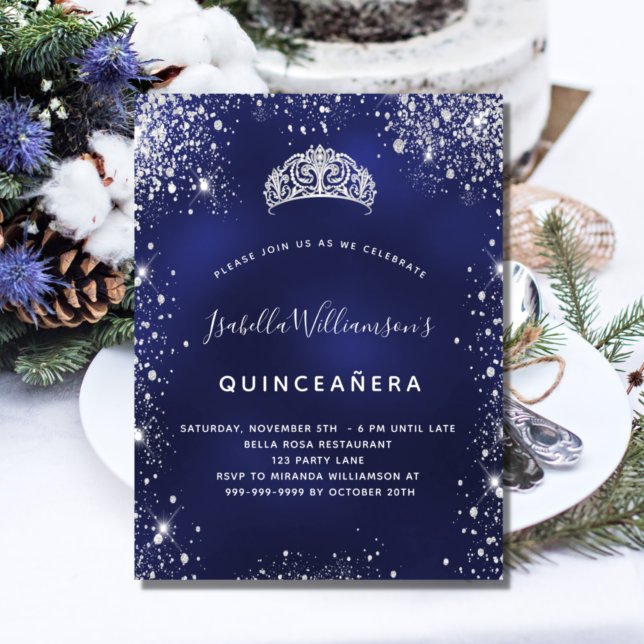 Budgetinbjudan för Quinceanera Blue silver tiara Flygblad (Skapare uppladdad)