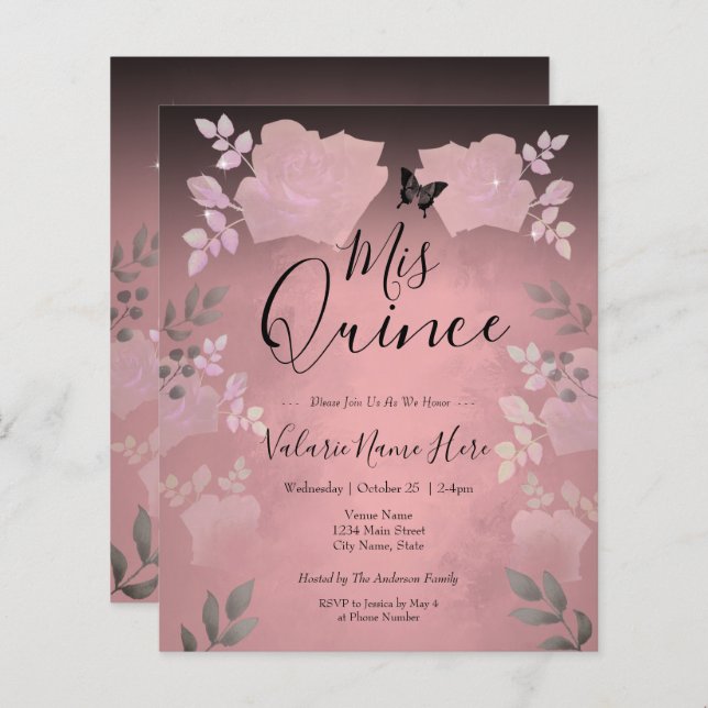 Budgetinbjudan för Quinceanera-programmet för Ro R (Fram/baksida)