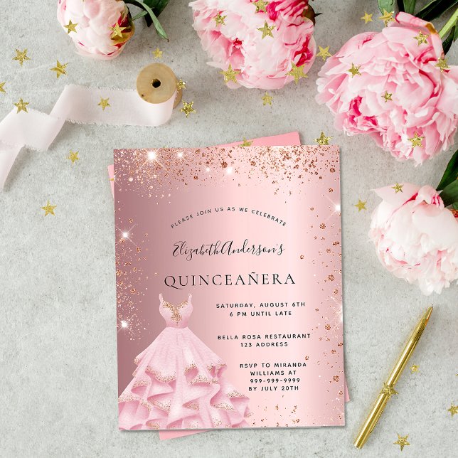 Budgetinbjudan för Quinceanera  rosa-klänning Flygblad (Skapare uppladdad)