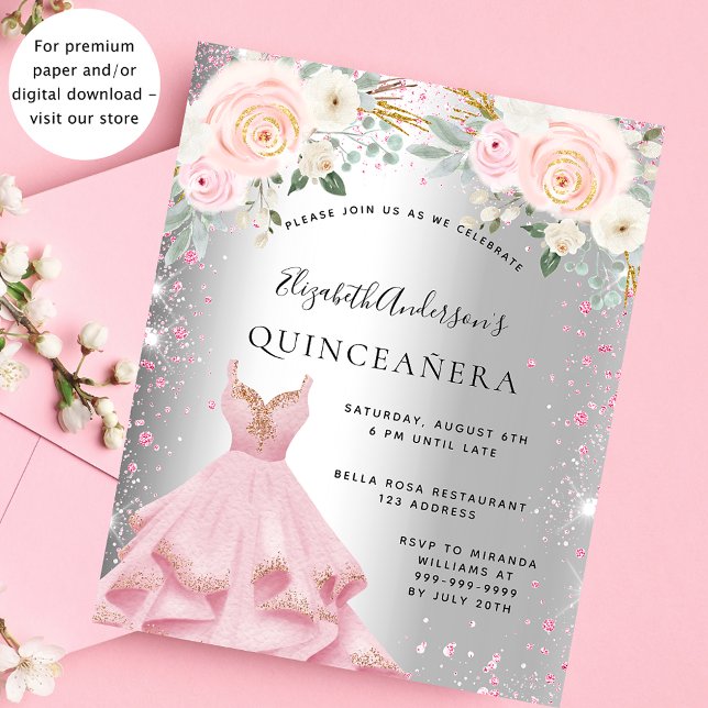 Budgetinbjudan för Quinceanera silver rosa- (Skapare uppladdad)