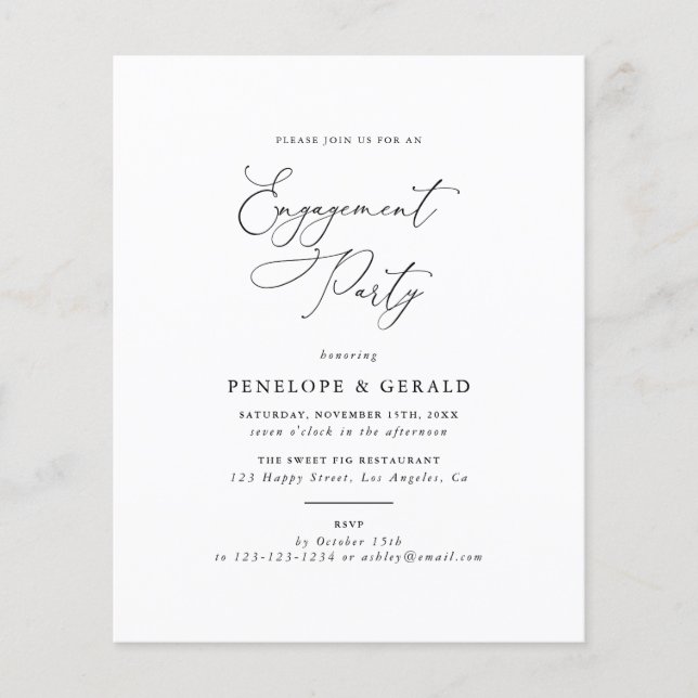 Budgetinbjudan för svartvitt-Förlovningsfest Flygblad (Framsidan)