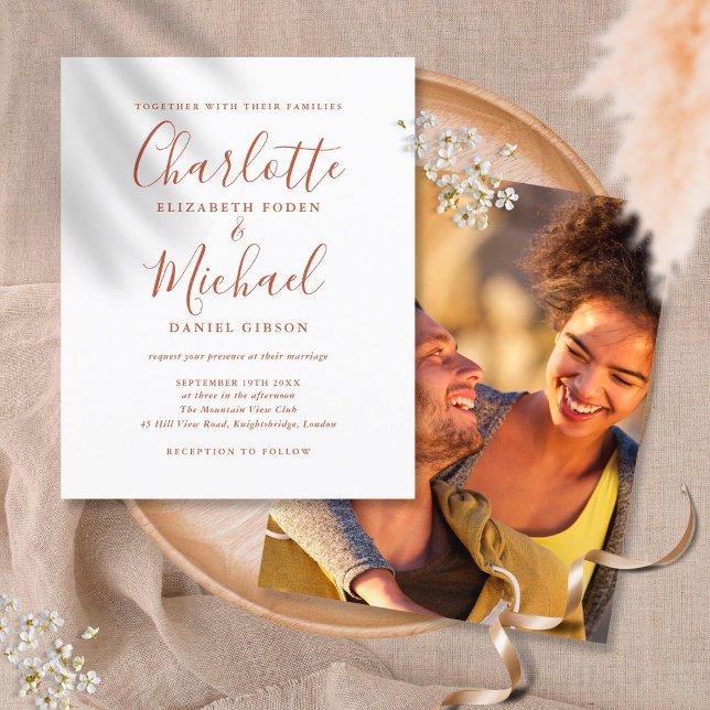 Budgetinbjudan för Terracotta Script Photo Bröllop (Skapare uppladdad)